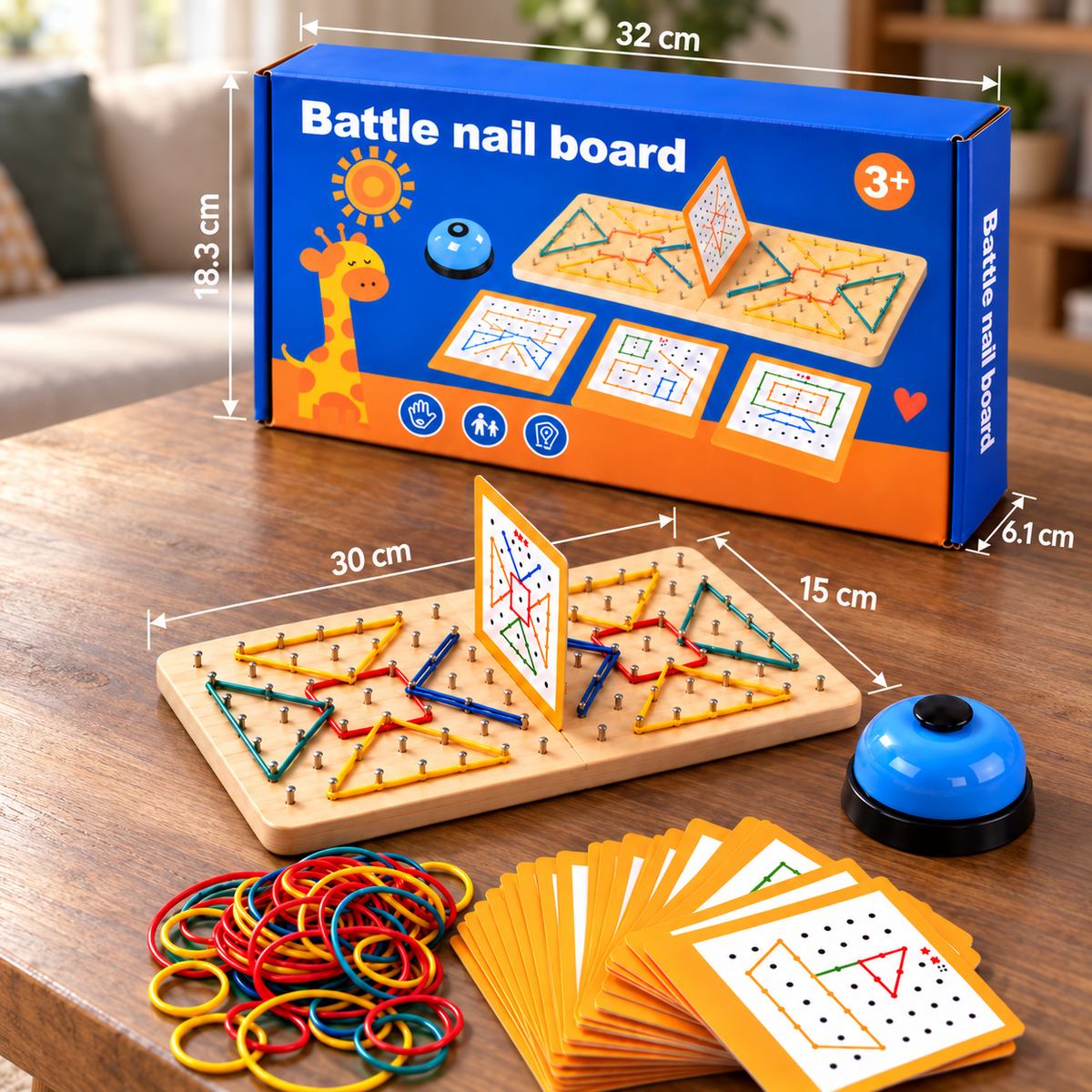 Montessori Holz-Geometrie-Duellspiel mit bunten Gummibändern