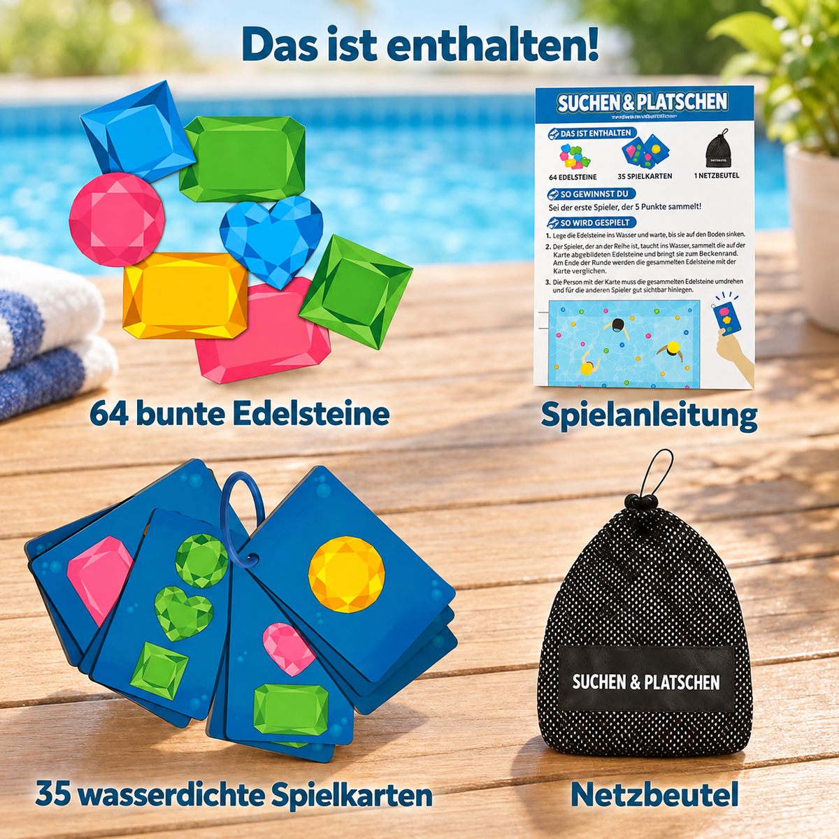 Unterwasser-Such- und Findespiel mit bunten Edelsteinen