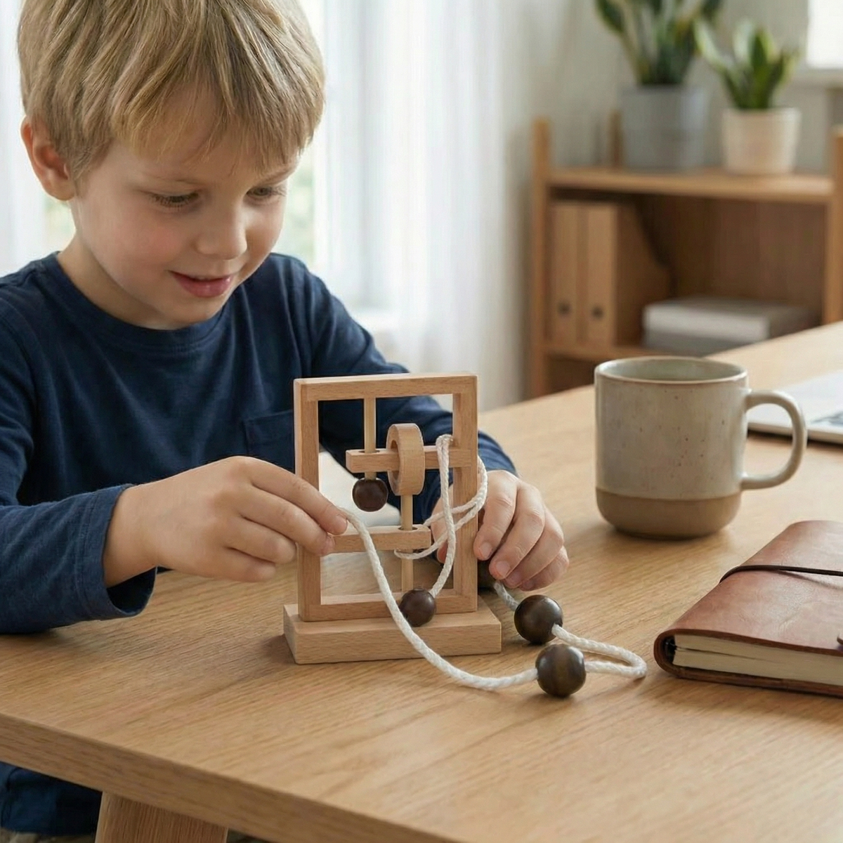 Handgefertigtes Holz-Seil-Geduldsspiel – Logik-Puzzlespiel für die ganze Familie