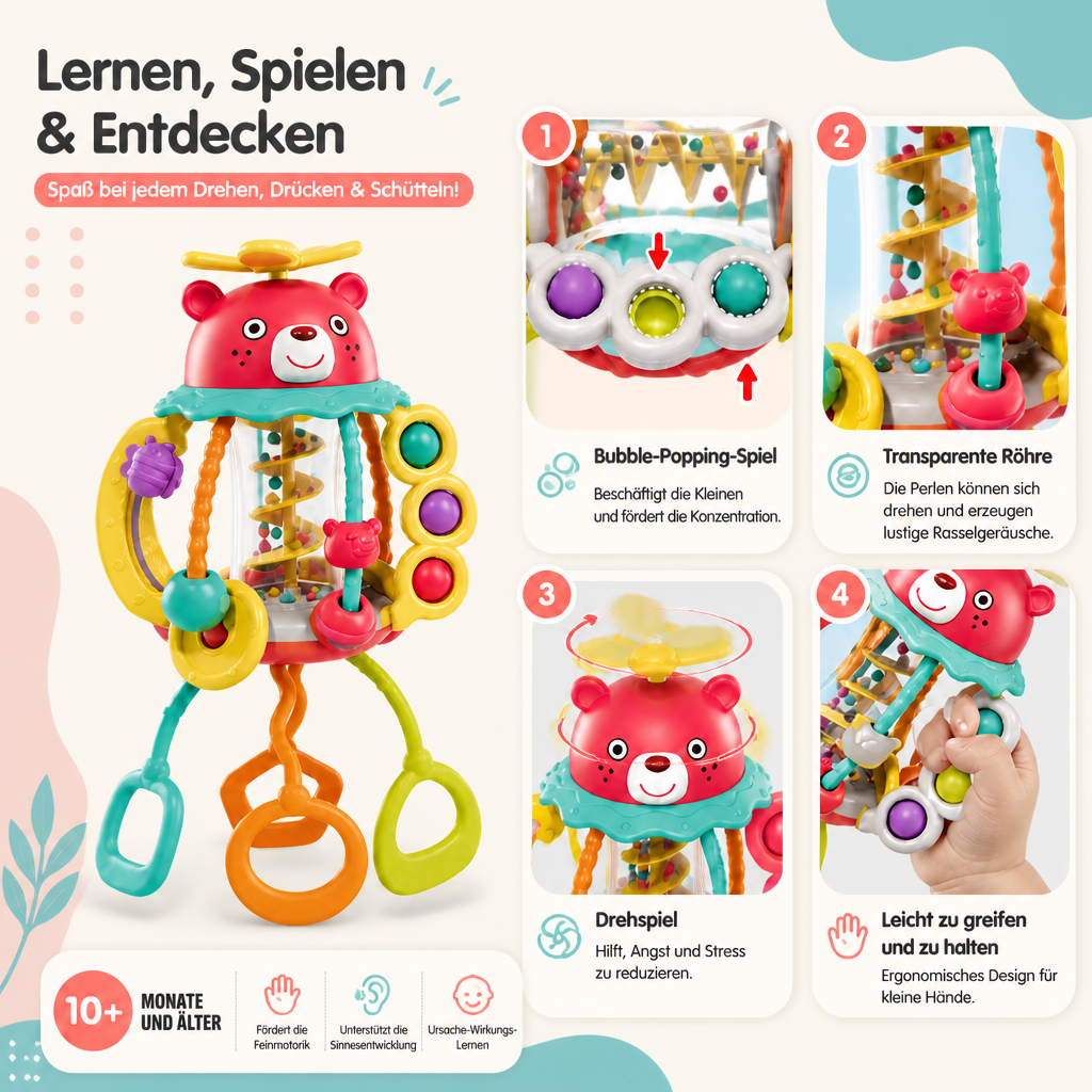 3-in-1 multisensorisches Beißspielzeug mit Zugschnüren, Rassel- & Regengeräuschen für Babys
