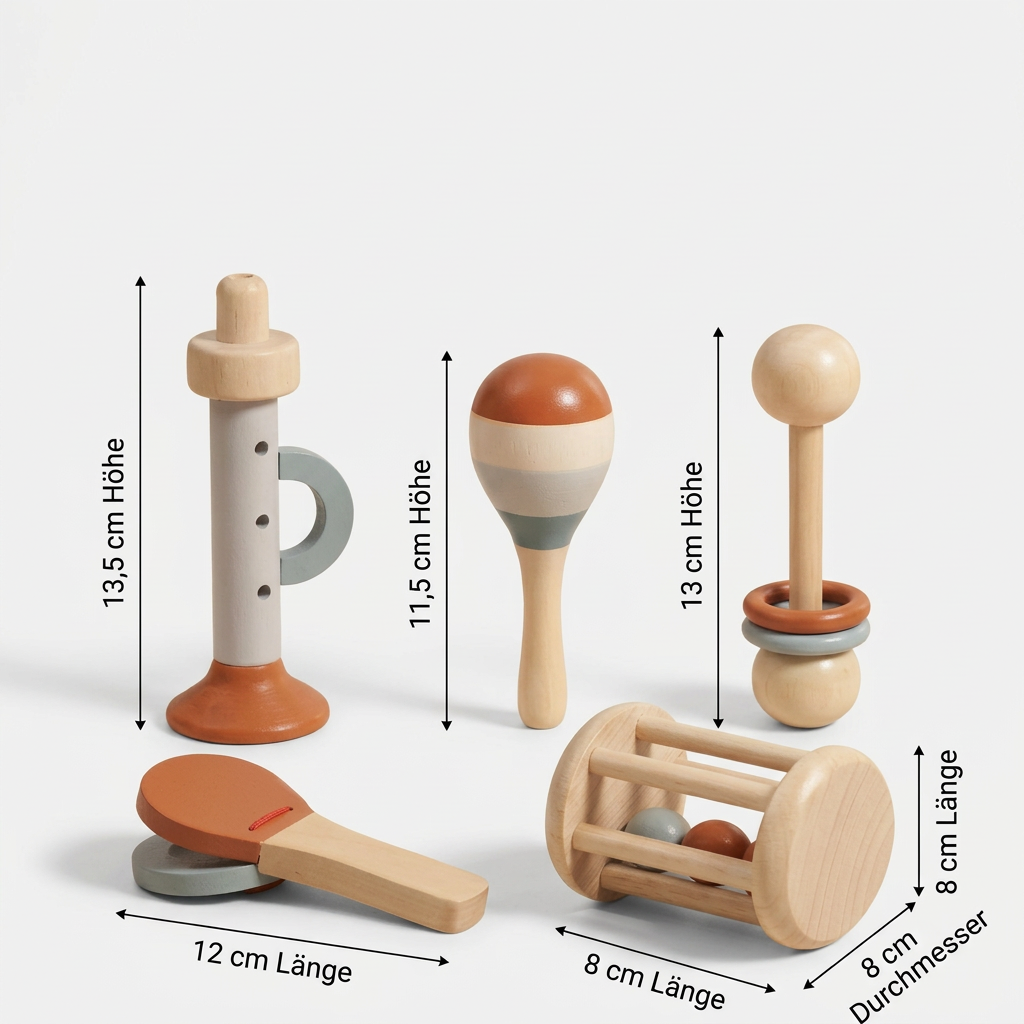Montessori Holz-Musikinstrumente Set für Babys – 5-teiliges Sensorik & Rasselspielzeug
