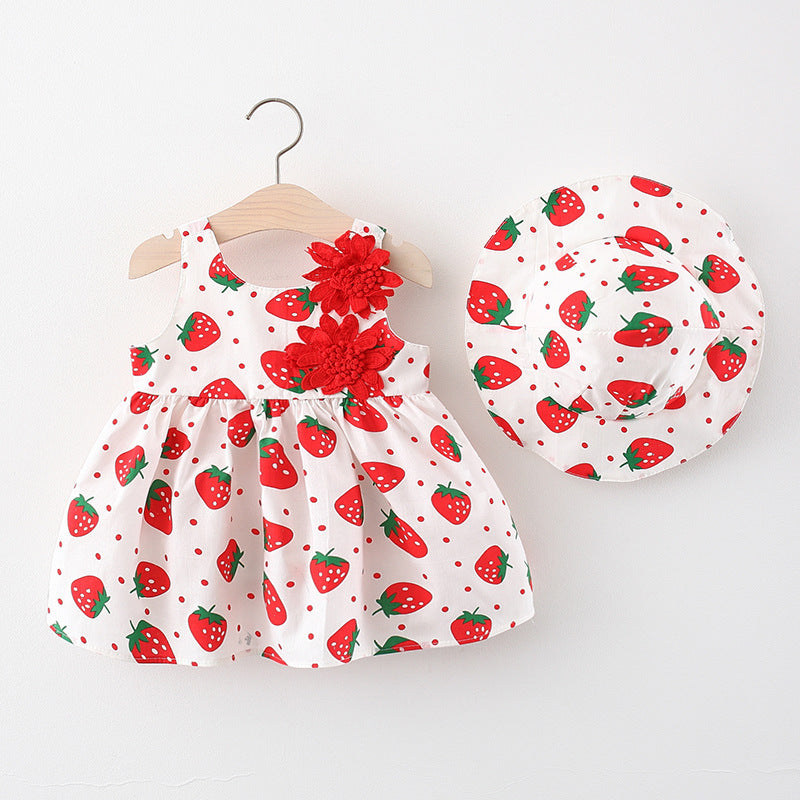 Sommerliches 2in1 Set Ärmelloses Mädchenkleid mit Erdbeer-Muster inkl. Hut