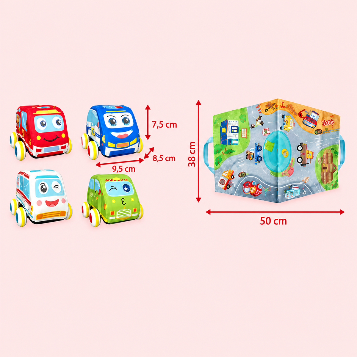 Weiches Plüsch-Rückziehauto-Set mit 2-in-1 Spielmatte & Aufbewahrungstasche