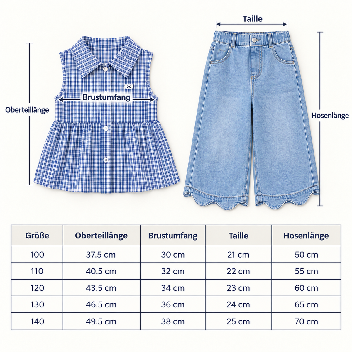 Frühlings- & Sommerliches 2-teiliges Mädchen-Set – Kariertes Top aus Baumwollmix mit vielseitiger Jeanshose