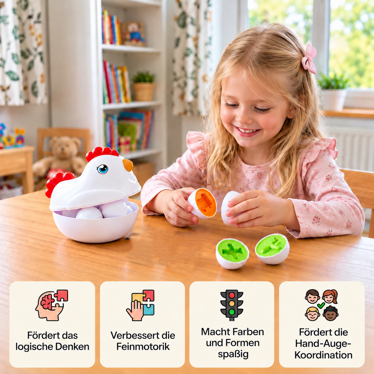 Montessori-Spielzeug mit Formen und Farben – Huhn