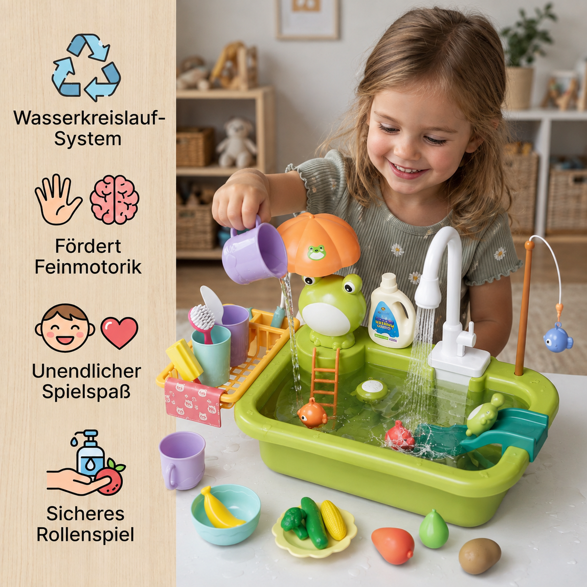 Kinder-Spielküche mit Wasserfunktion – Spülbecken Spielset mit elektrischer Wasserzirkulation