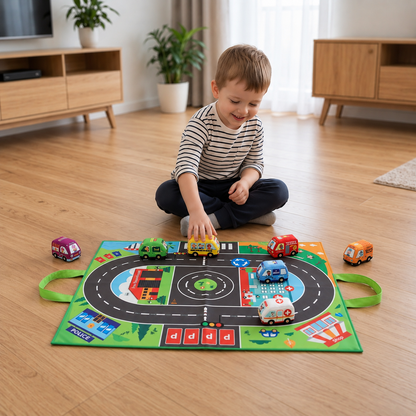 2-in-1-Sensorik-Plüschautos mit Straßen-Spielmatte und Tasche für unterwegs