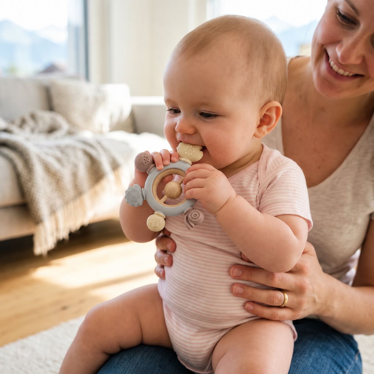 Beißspielzeug für Babys aus Holz und Silikon