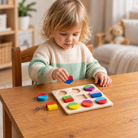 Einfaches Montessori-Holzpuzzle mit Formen und Farben für Kleinkinder