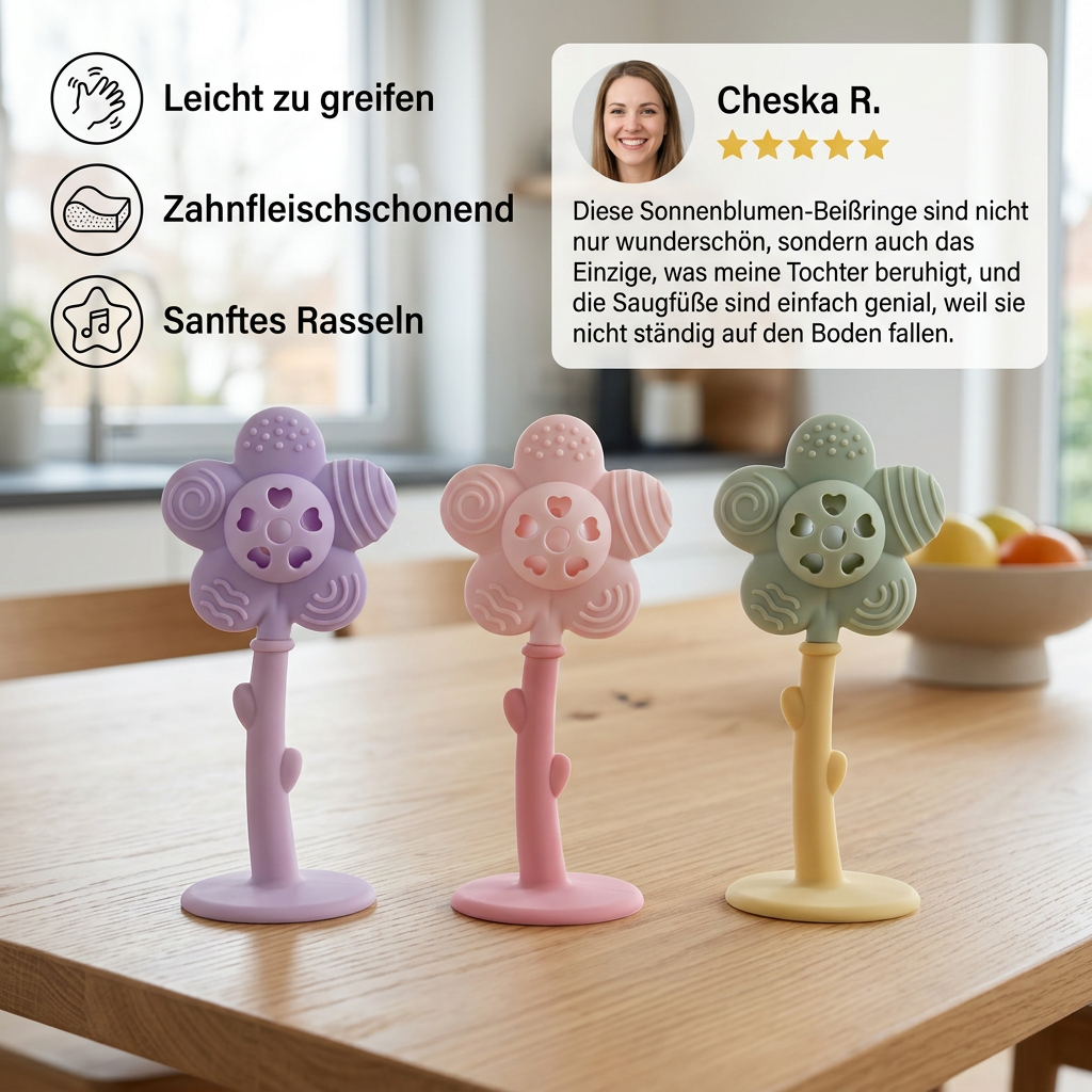 2-in-1 Sonnenblumen-Beißring & Rassel für Babys mit Saugnapfbasis