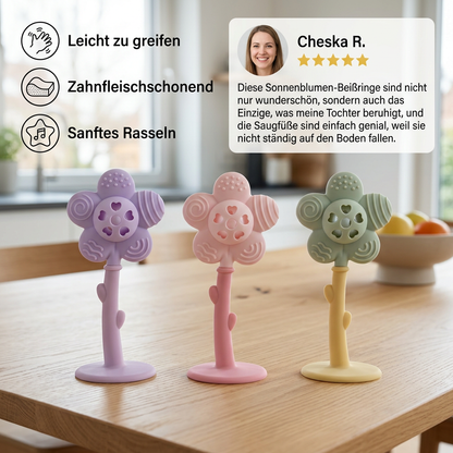 2-in-1 Sonnenblumen-Beißring & Rassel für Babys mit Saugnapfbasis