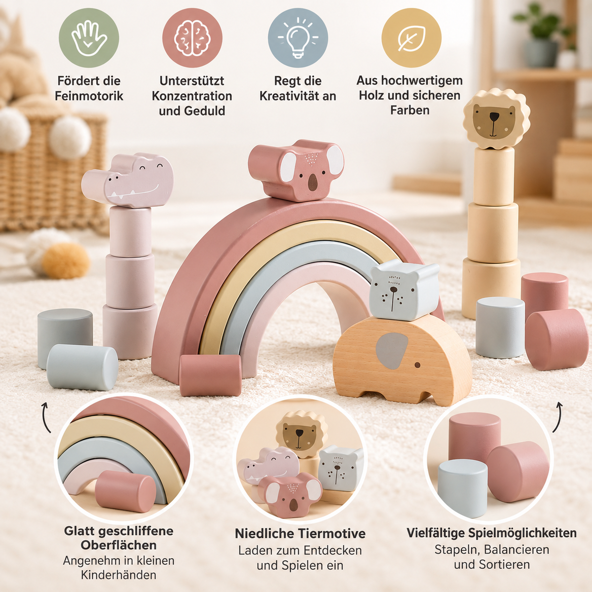 Montessori-Holzbausteine mit Tier- und Formenmotiven