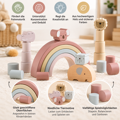 Montessori-Holzbausteine mit Tier- und Formenmotiven