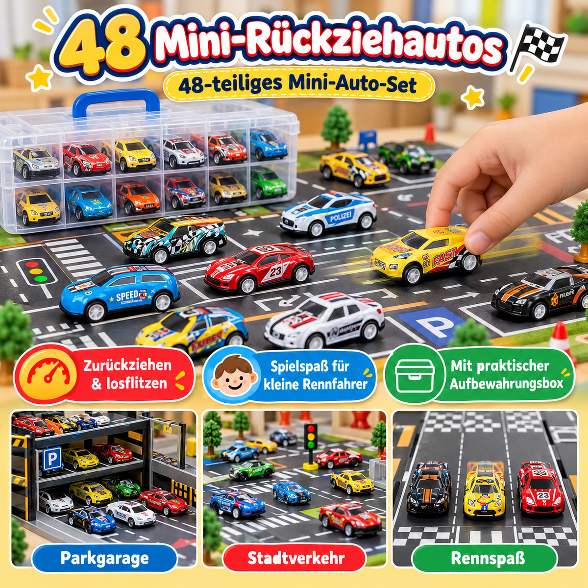 48-teiliges Mini-Druckguss-Rückziehauto-Set mit Aufbewahrungsbox