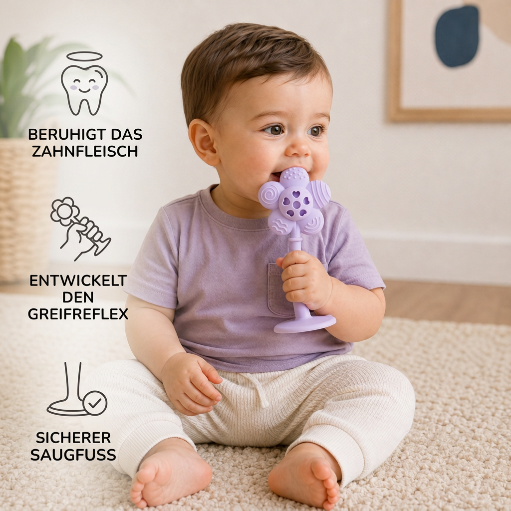 2-in-1 Sonnenblumen-Beißring & Rassel für Babys mit Saugnapfbasis