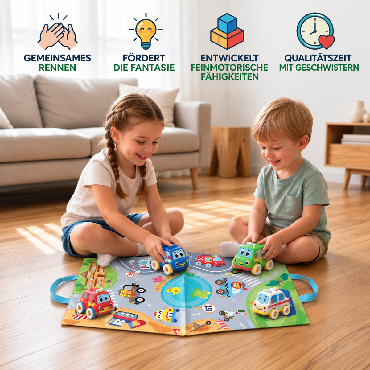 Weiches Plüsch-Rückziehauto-Set mit 2-in-1 Spielmatte & Aufbewahrungstasche