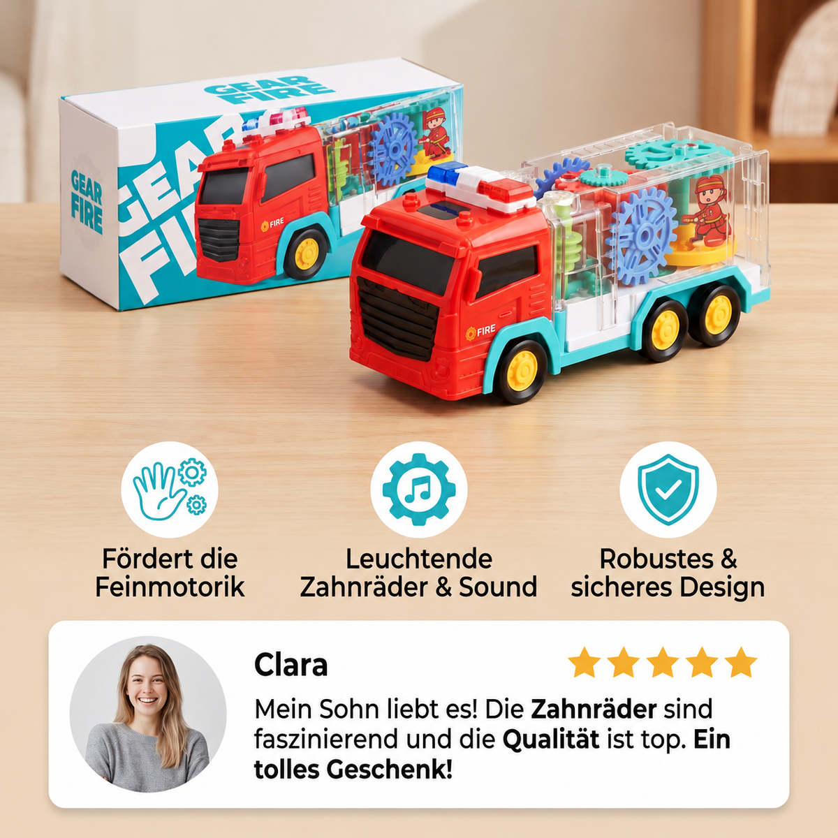 Interaktives Feuerwehrauto-Spielzeug mit bunten beweglichen Zahnrädern