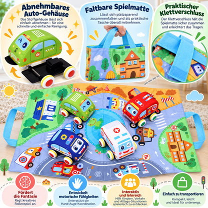 Weiches Plüsch-Rückziehauto-Set mit 2-in-1 Spielmatte & Aufbewahrungstasche
