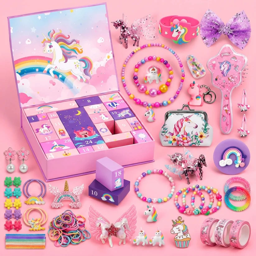 24-Tage-Einhorn-Adventskalender mit Haaraccessoires, Stickern & Überraschungsgeschenken
