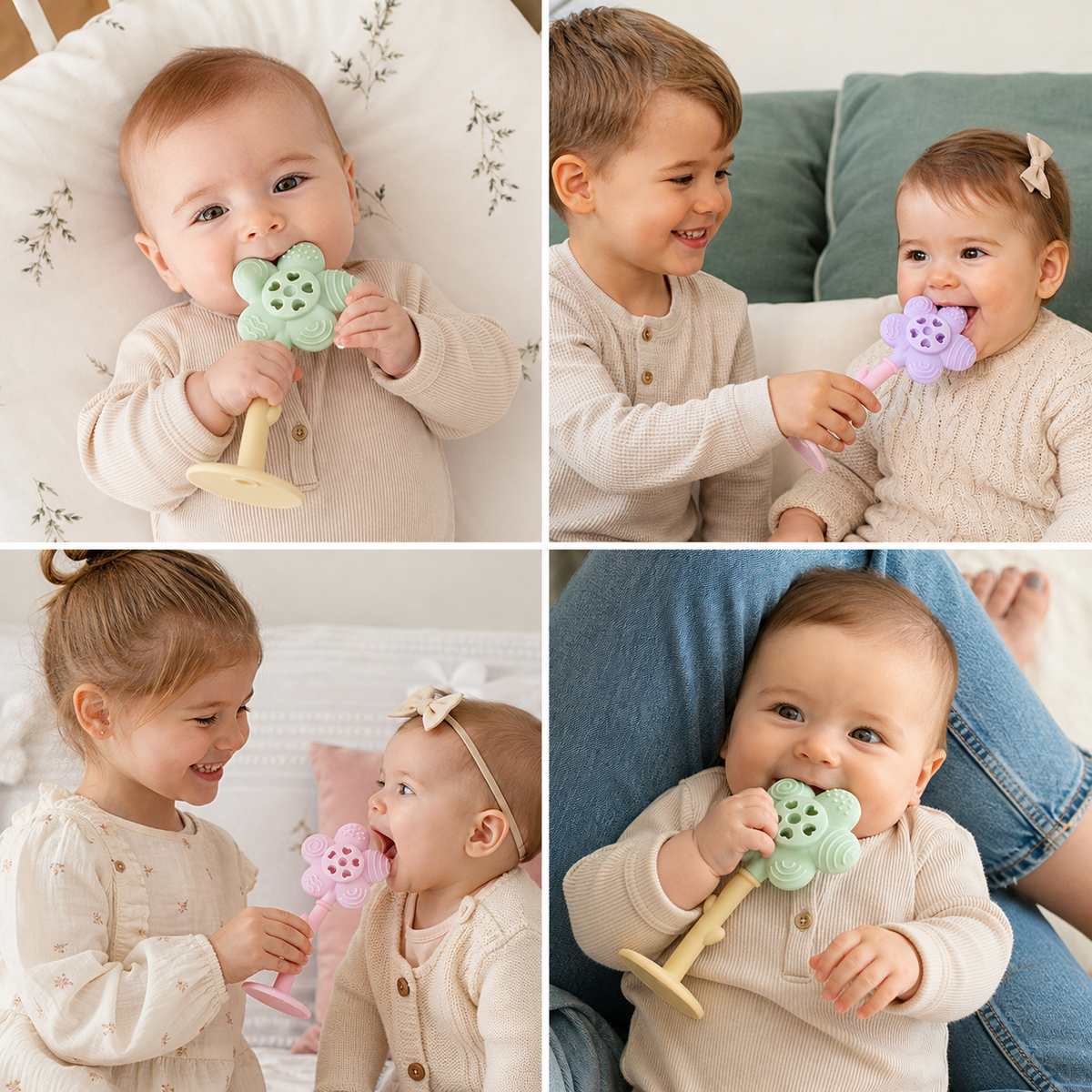2-in-1 Sonnenblumen-Beißring & Rassel für Babys mit Saugnapfbasis