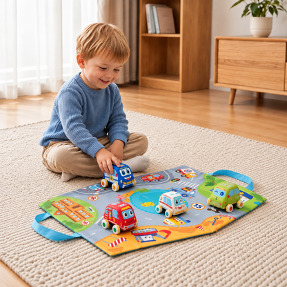 Weiches Plüsch-Rückziehauto-Set mit 2-in-1 Spielmatte & Aufbewahrungstasche