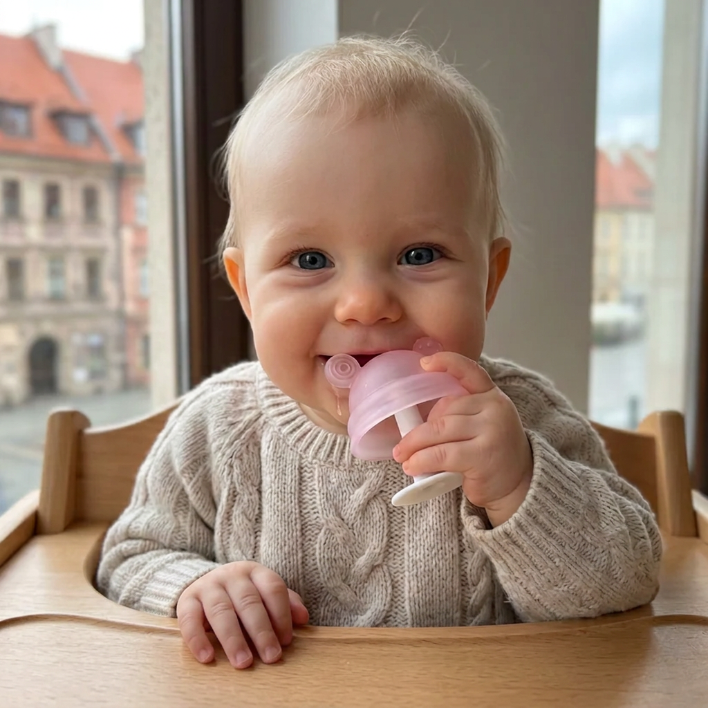Baby-Beißring in Pilzform aus Silikon für kleine Hände