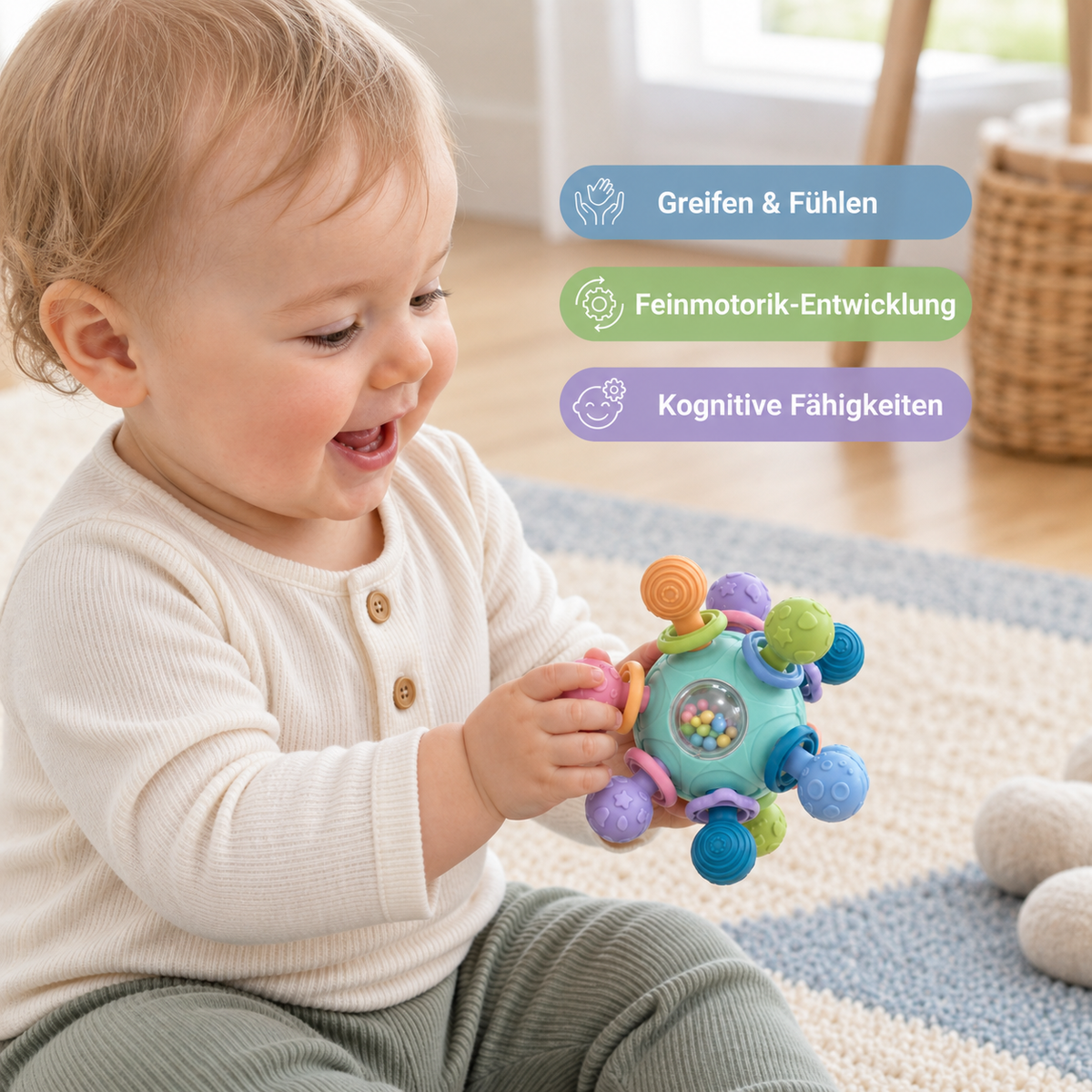 Sensorischer Aktivitätsball für Babys mit Silikon-Beißring und Rassel