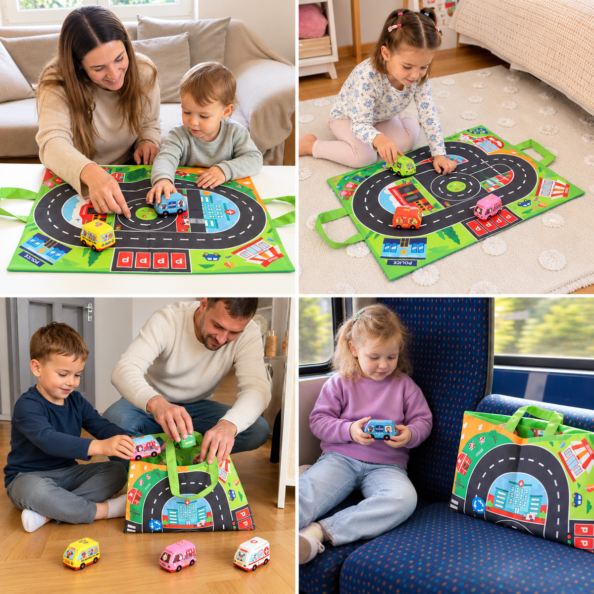 2-in-1-Sensorik-Plüschautos mit Straßen-Spielmatte und Tasche für unterwegs