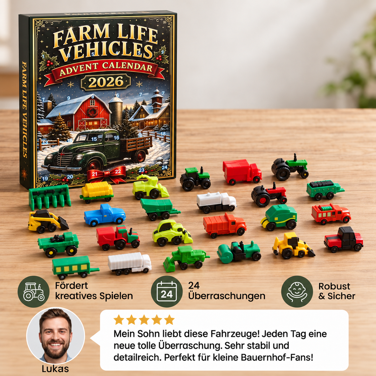 24-Tage-Weihnachts-Adventskalender mit Bauernhoffahrzeugen