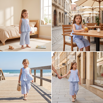 Sommerliches Mädchen-Set mit Streifen & Schleifenstickerei – Süßes 2-teiliges Outfit