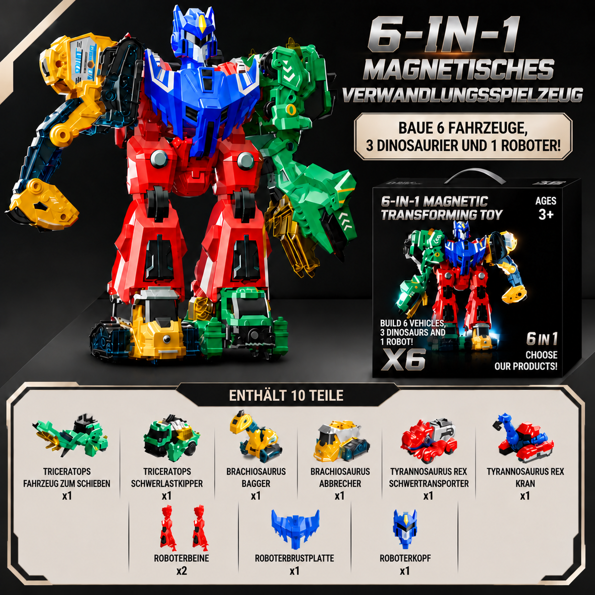 6-in-1 Magnetisches Verwandlungsspielzeug – Baue 6 Fahrzeuge, 3 Dinosaurier & 1 Roboter