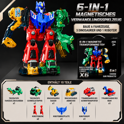 6-in-1 Magnetisches Verwandlungsspielzeug – Baue 6 Fahrzeuge, 3 Dinosaurier & 1 Roboter