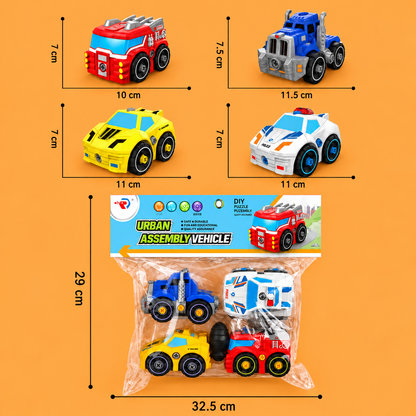 4-teiliges DIY-Stadtfahrzeuge-Set zum Auseinanderbauen mit Spielzeug-Bohrer