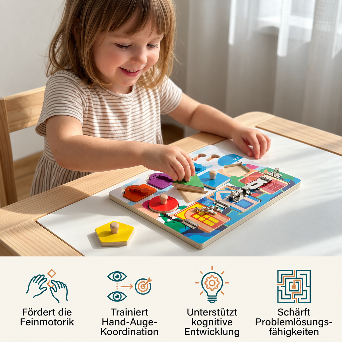 Montessori-Aktivitätsbrett mit verschiedenen Aufgaben