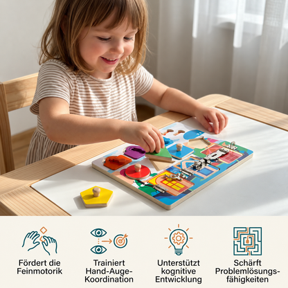 Montessori-Aktivitätsbrett mit verschiedenen Aufgaben