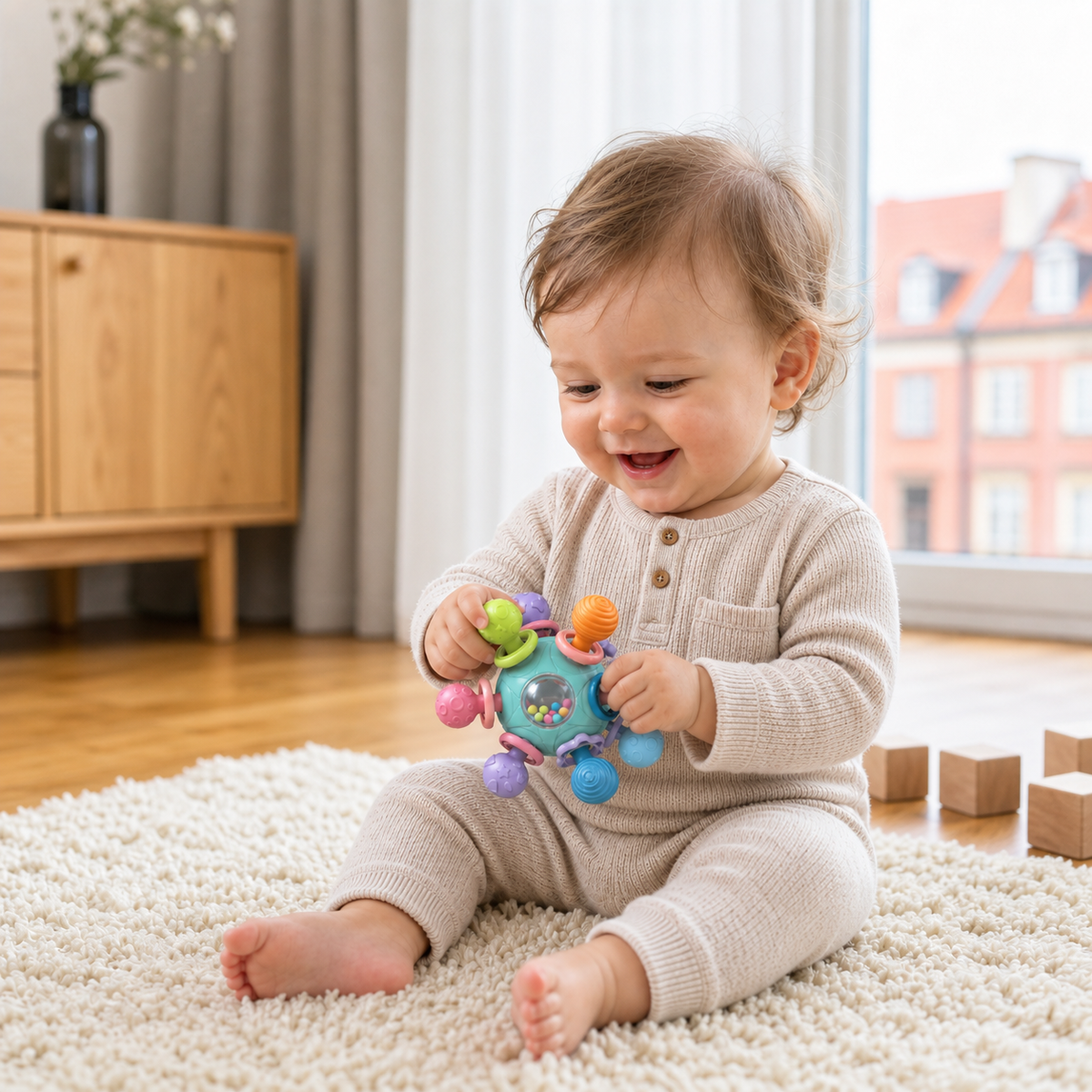 Sensorischer Aktivitätsball für Babys mit Silikon-Beißring und Rassel