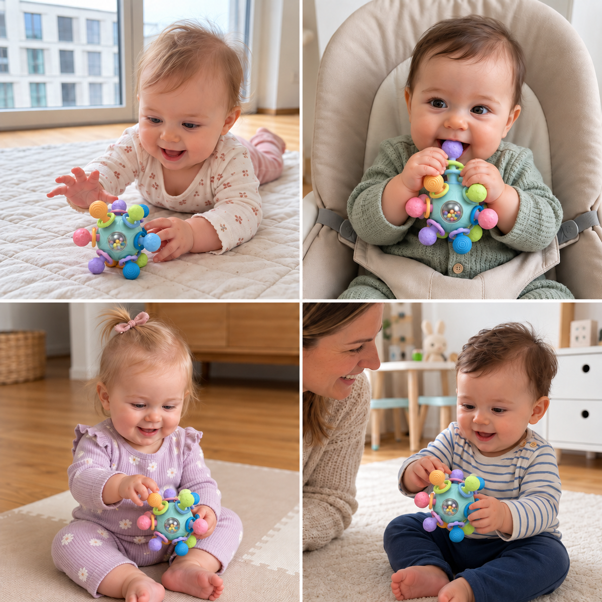 Sensorischer Aktivitätsball für Babys mit Silikon-Beißring und Rassel