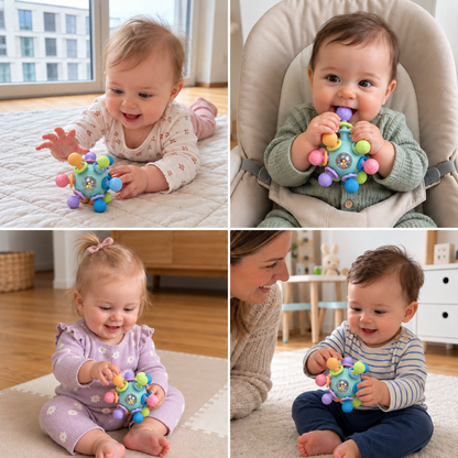 Sensorischer Aktivitätsball für Babys mit Silikon-Beißring und Rassel