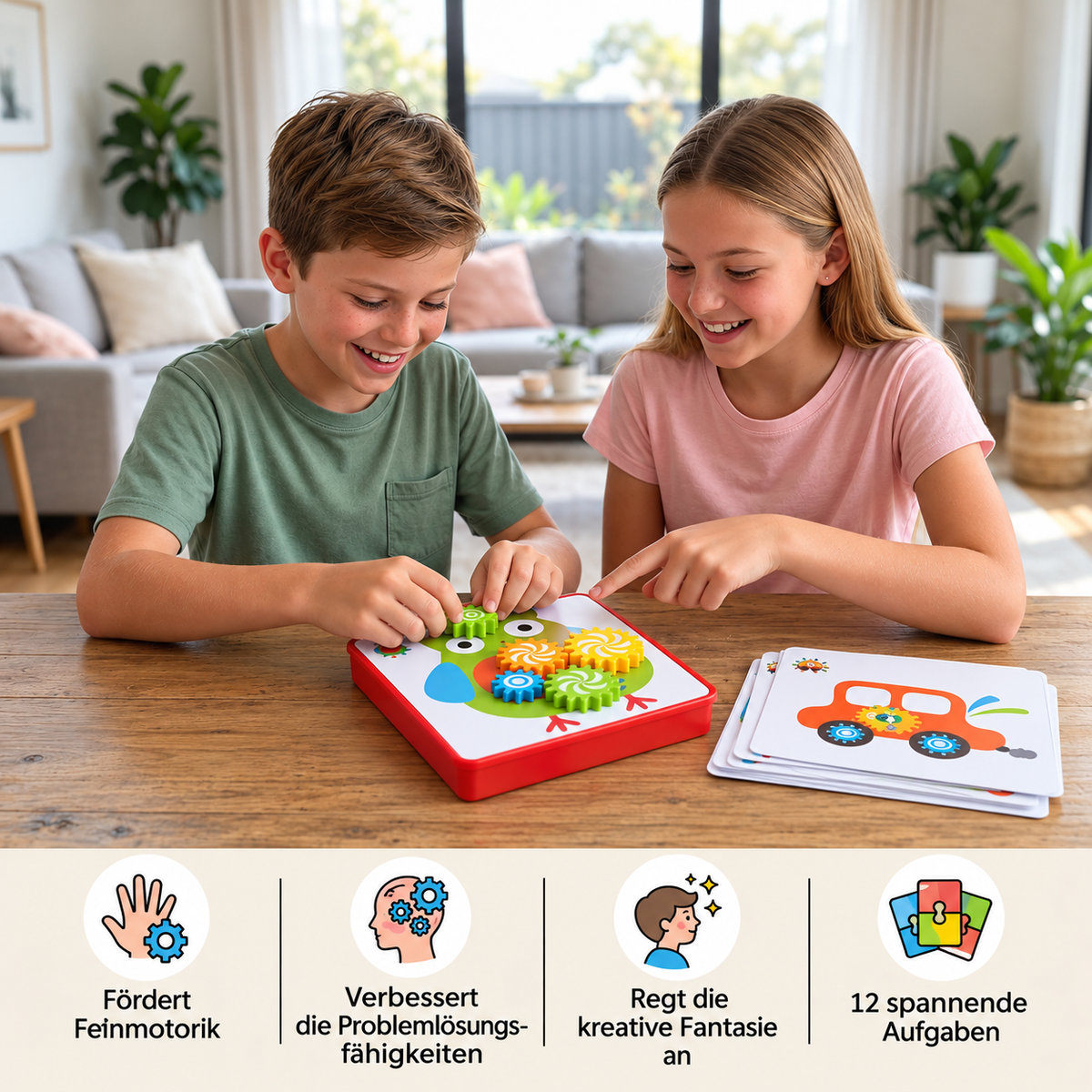 Kreative Zahnrad-Puzzle-Reisebox mit Aktivitätskarten für Kinder