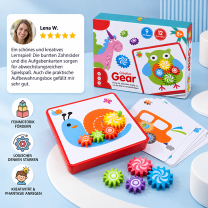 Kreative Zahnrad-Puzzle-Reisebox mit Aktivitätskarten für Kinder
