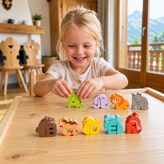 Holzpuzzle mit Tieren und Alphabet – Lernspielzeug für Kinder von A bis Z