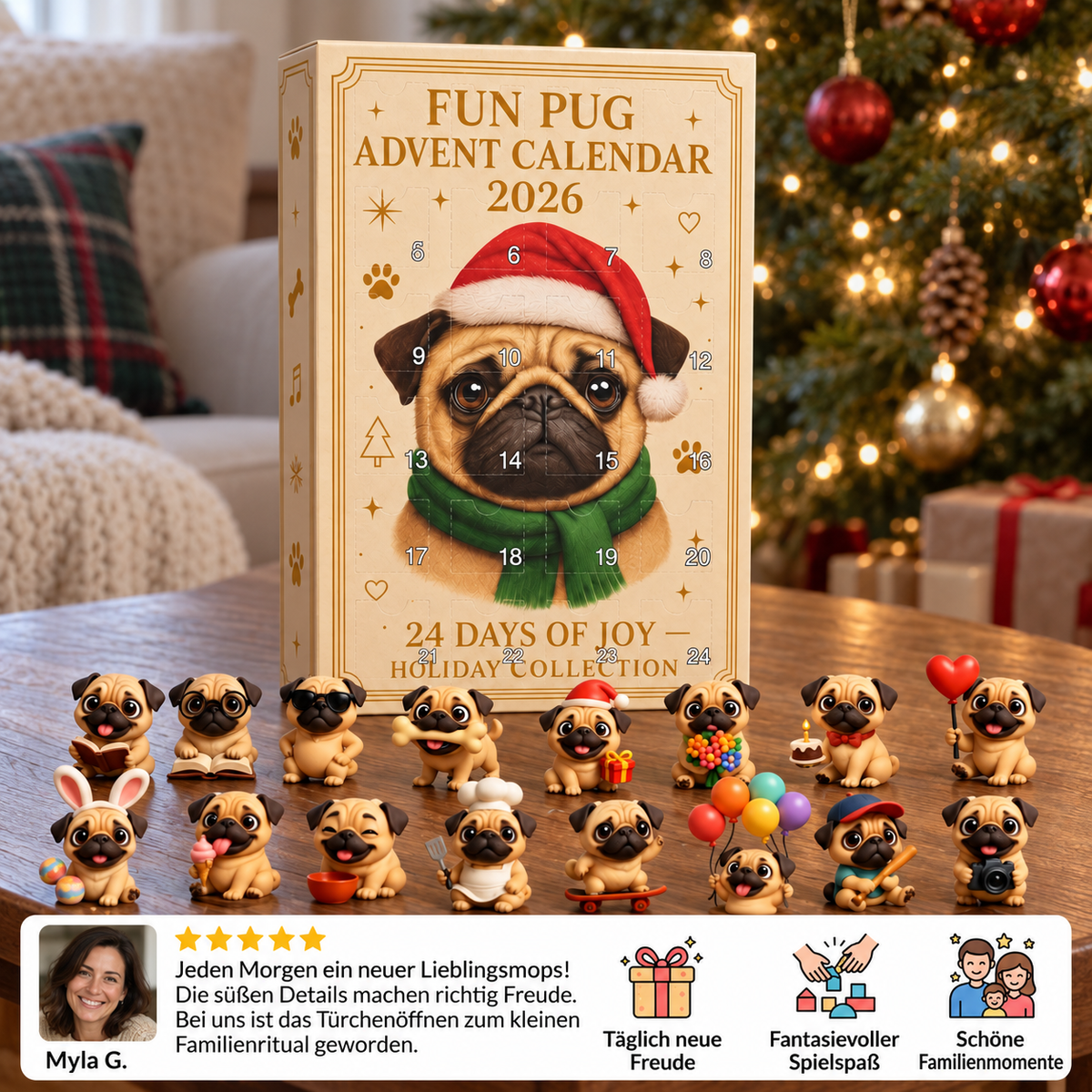 24-Tage Mops-Adventskalender mit Überraschungsfiguren