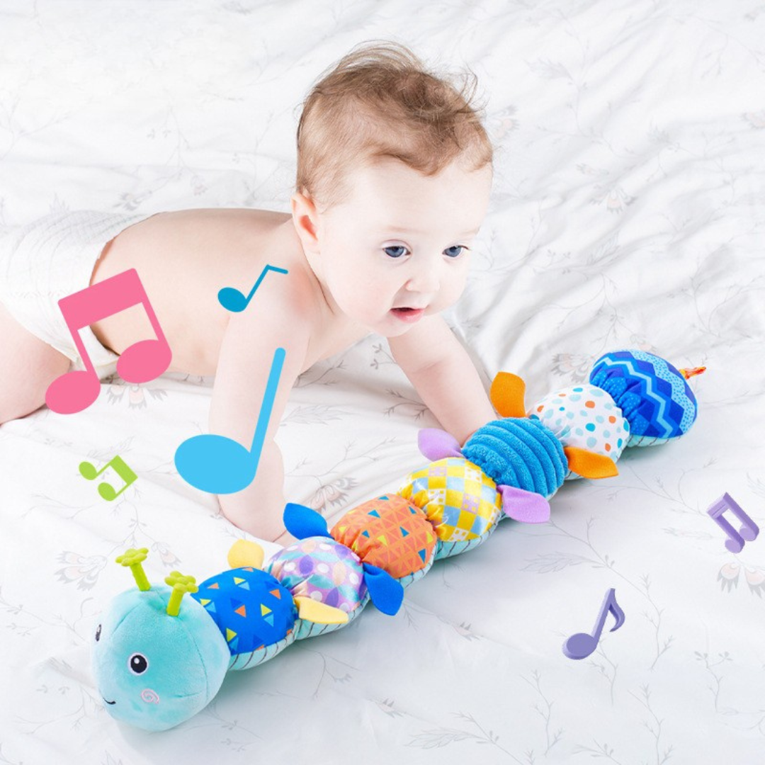 Sensorische Plüschraupe mit Rassel und Musikfunktion