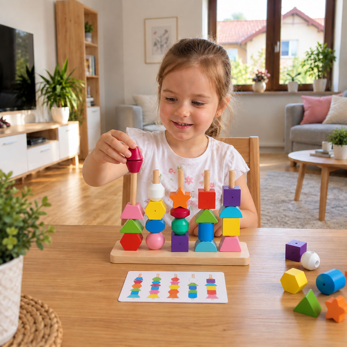 Montessori-Fädelspiel aus Holz mit Farben und Formen