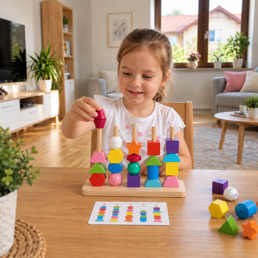 Montessori-Fädelspiel aus Holz mit Farben und Formen