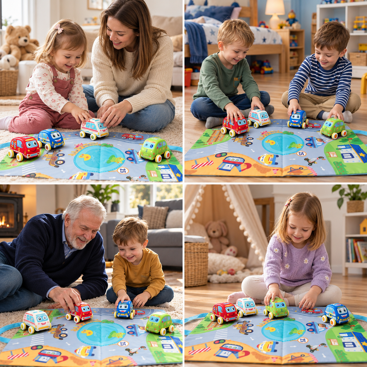 Weiches Plüsch-Rückziehauto-Set mit 2-in-1 Spielmatte & Aufbewahrungstasche