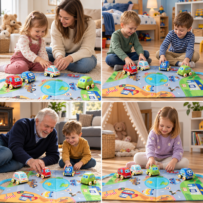 Weiches Plüsch-Rückziehauto-Set mit 2-in-1 Spielmatte & Aufbewahrungstasche