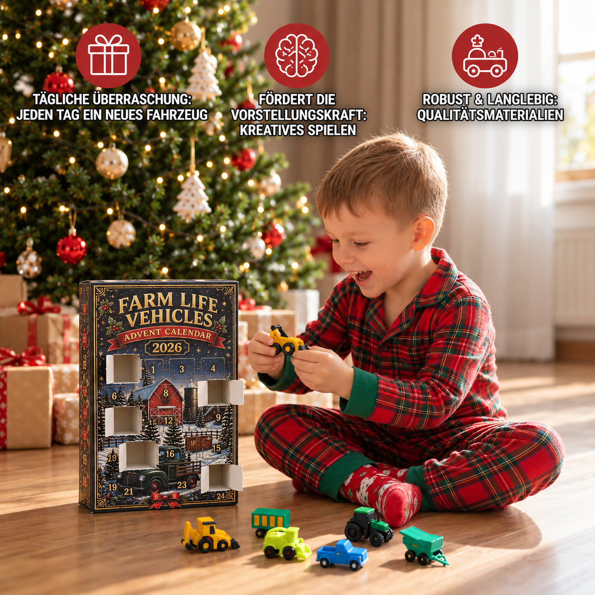 24-Tage-Weihnachts-Adventskalender mit Bauernhoffahrzeugen
