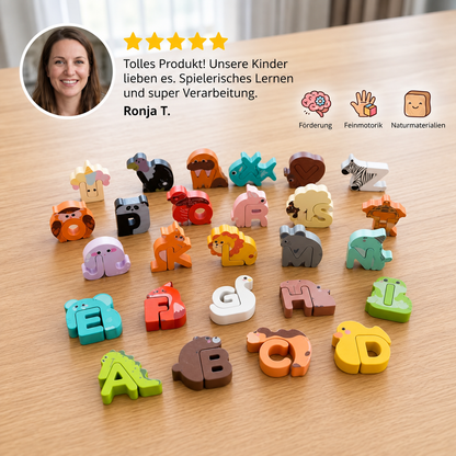 Holzpuzzle mit Tieren und Alphabet – Lernspielzeug für Kinder von A bis Z