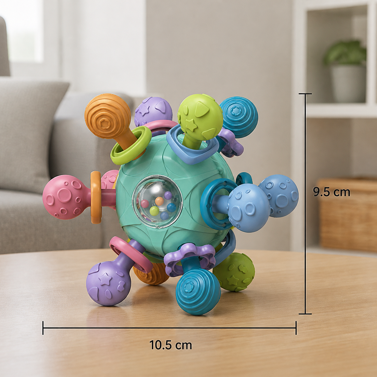 Sensorischer Aktivitätsball für Babys mit Silikon-Beißring und Rassel